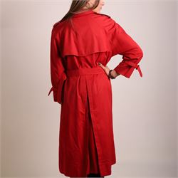 Burberrys and Aquascutum - two vintage trench coats, comprising a Burberrys red cotton trench coat with navy, red and grey check lining, labelled Burberrys, Made in England, and an Aquascutum beige cotton trench coat with house check lining, labelled Aquascutum, Made in England, both size L (2)