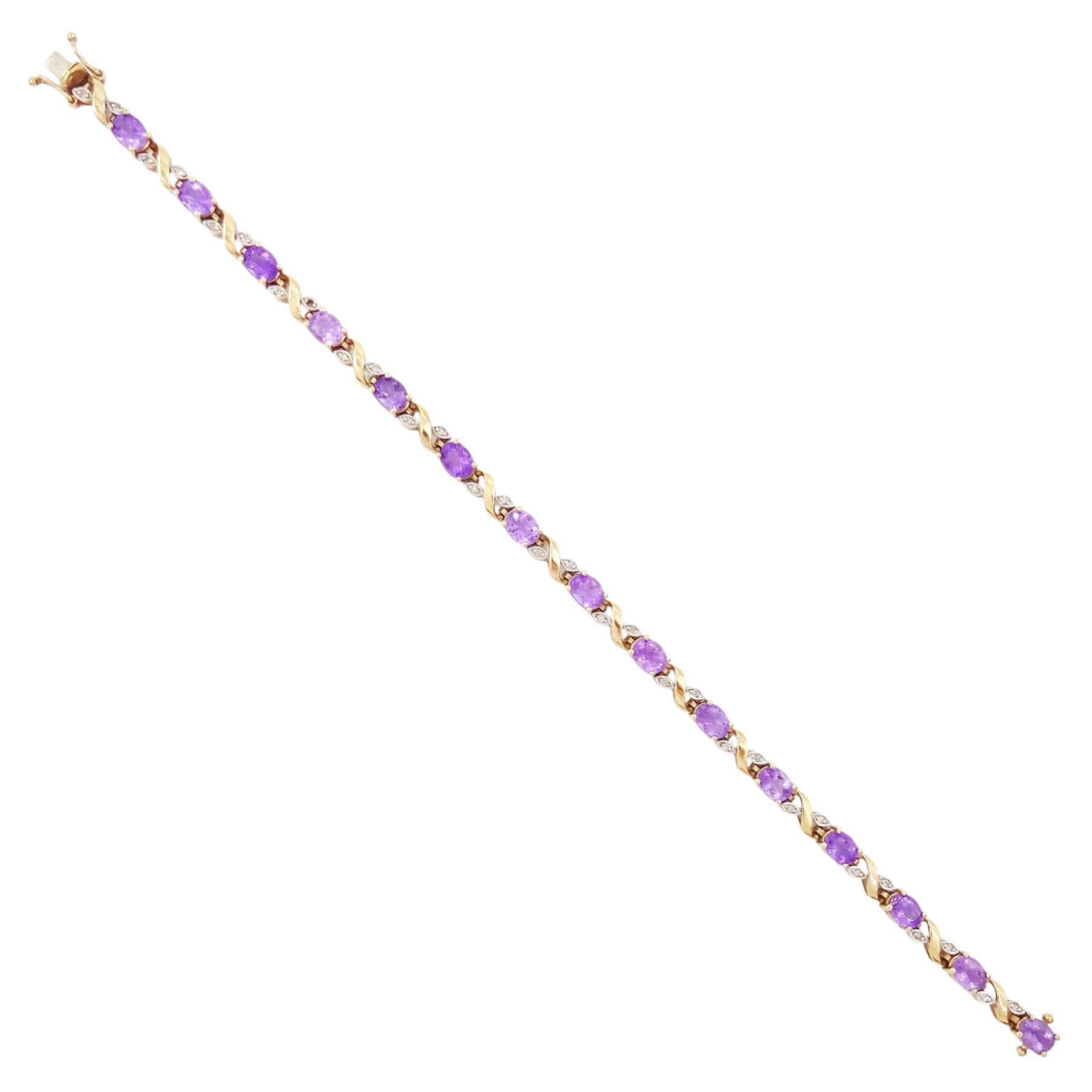9ct gold amethyst and diamond bracelet, fifteen oval cut amethysts each spaced by two diamond chips in a crossover marquise setting, hallmarked
