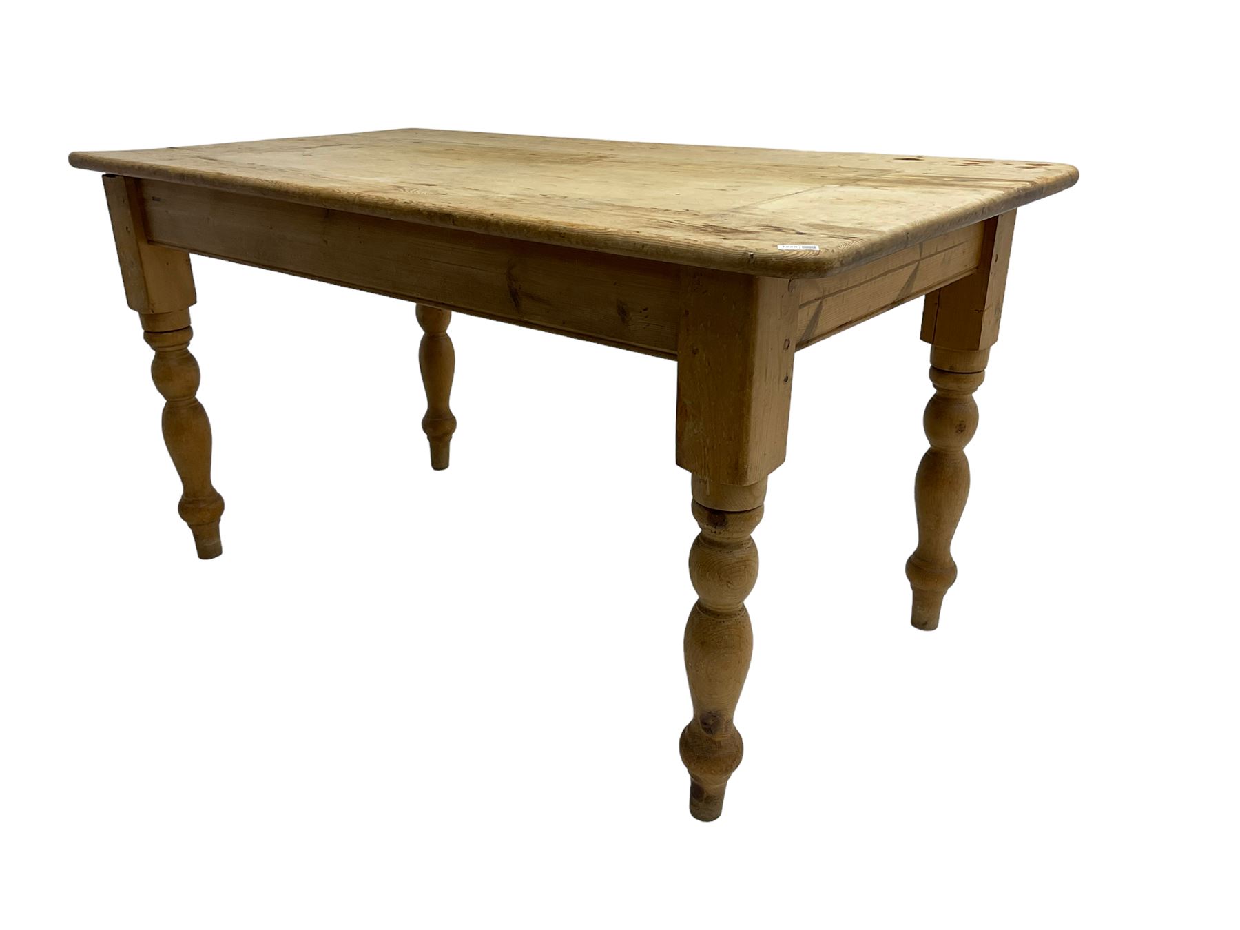 Traditional pitch pine farmhouse table, rectangular top raised on turned supports