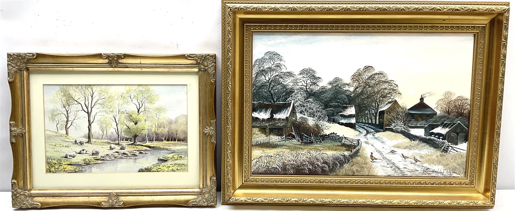 Leonard W Owens (British 20th century): 'Pheasants by a Farm near Hutton-Le-Hole', oil on canvas signed and dated 1986 together with Chris Hammond  (British 20th century): 'Springtime', watercolour signed, titled and dated 1990 verso max 30cm x 45cm (2)