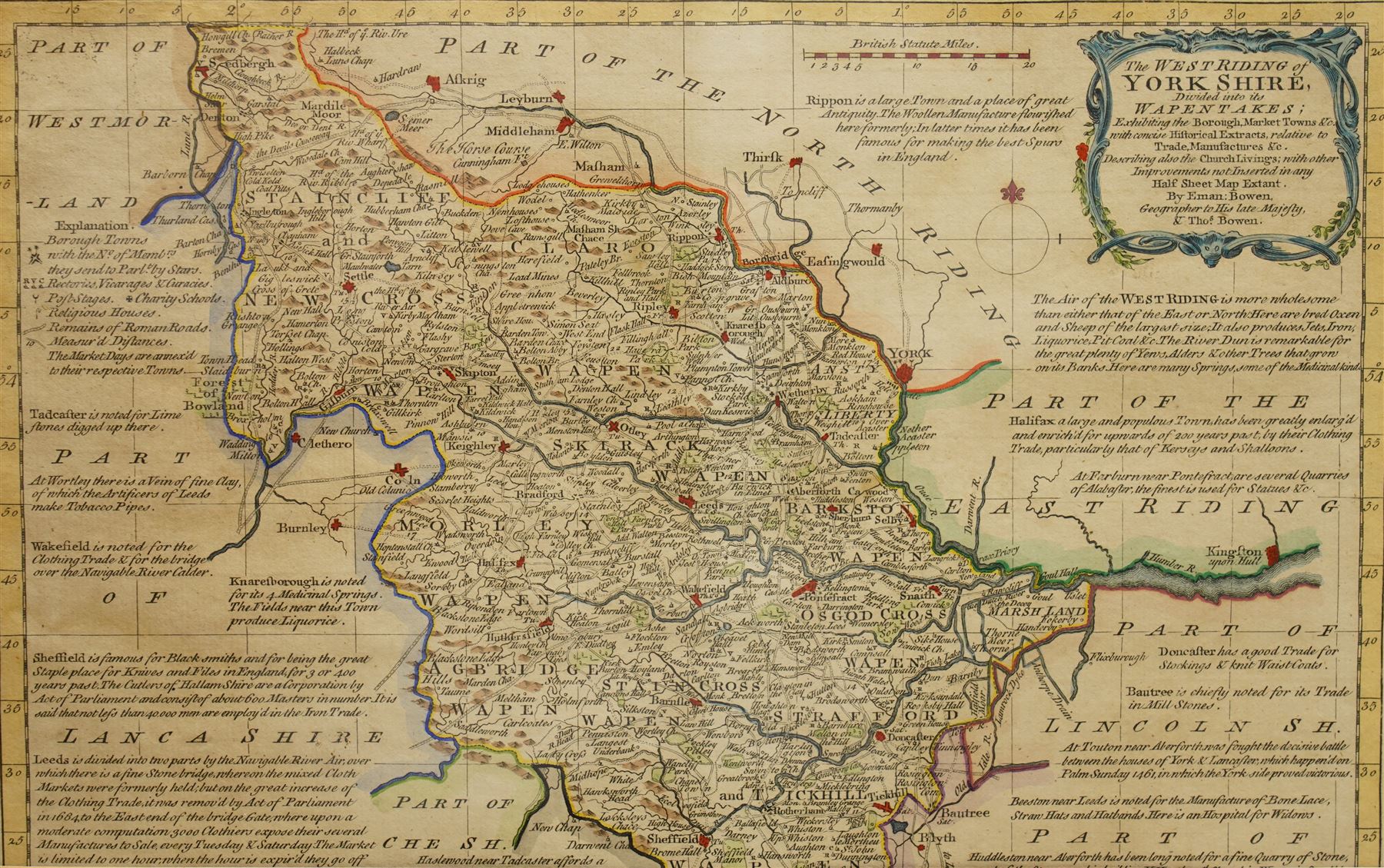 Emanuel Bowen (British 1694-1767): 'Yorkshire Divided into its Ridings' 'North Riding of Yorkshire' 'West Riding of Yorkshire' and 'East Riding of Yorkshire', set of four 18th century engraved maps with hand-colouring pub. Thomas Kitchin c.1750, 24cm x 34cm (4)