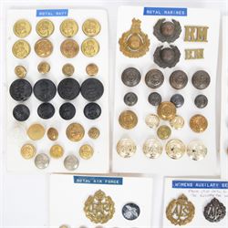 Collection of military cap badges and buttons examples from Royal Air Force, Royal Marines, Royal Navy, Air Training Corps, Women's Auxilary Service and Womans Royal Army Corps  