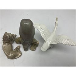 Lladro figures of animals, comprising Mini Lion no 5436, Beautiful Burro no 5683, Hawk Owl no 5422, Beagle Puppy Sitting no 1071, Duck Flying no 1264, Miniature Cat no 5308 and Small Papillon Dog no 4749, four with original boxes, largest example H14cm