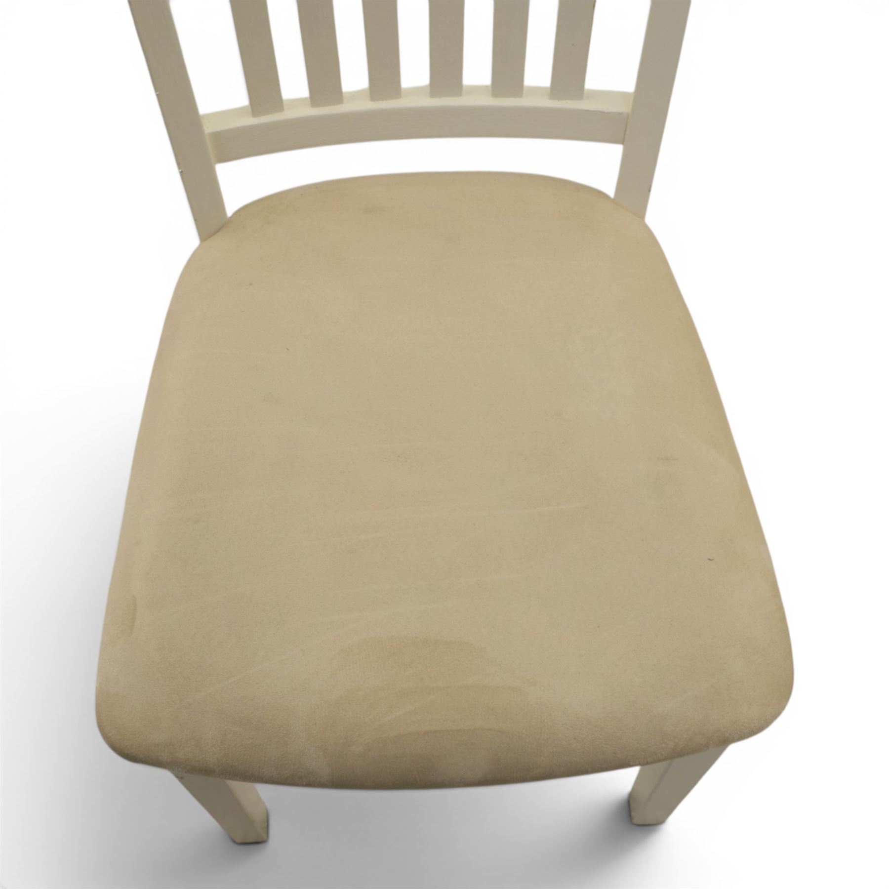 Contemporary Oak fold-over leaf dining table and four chairs, square top extending to a rectangular top 200cm, four white dining chairs with upholstered and padded seats