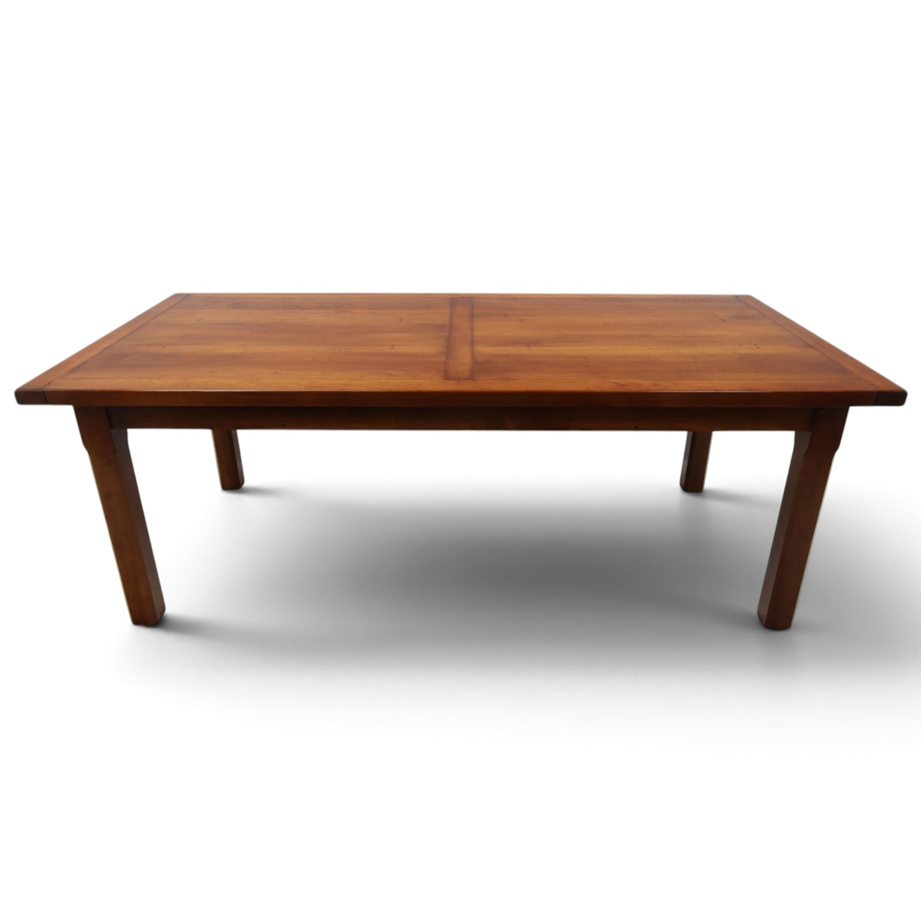 French cherry wood extending dining table, rectangular top on square chamfered supports with two additional leaves; with Batheaston - set of eight cherry wood waived ladder back dining chairs with rush seats (W46cm H98cm)