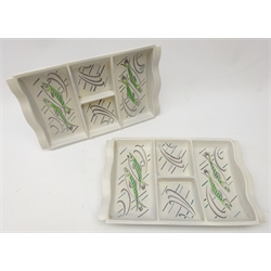  Two 1950s Poole Hors D'oeuvre's sectional dishes painted with fish, possibly designed by Ruth Pavely, L34.5cm   