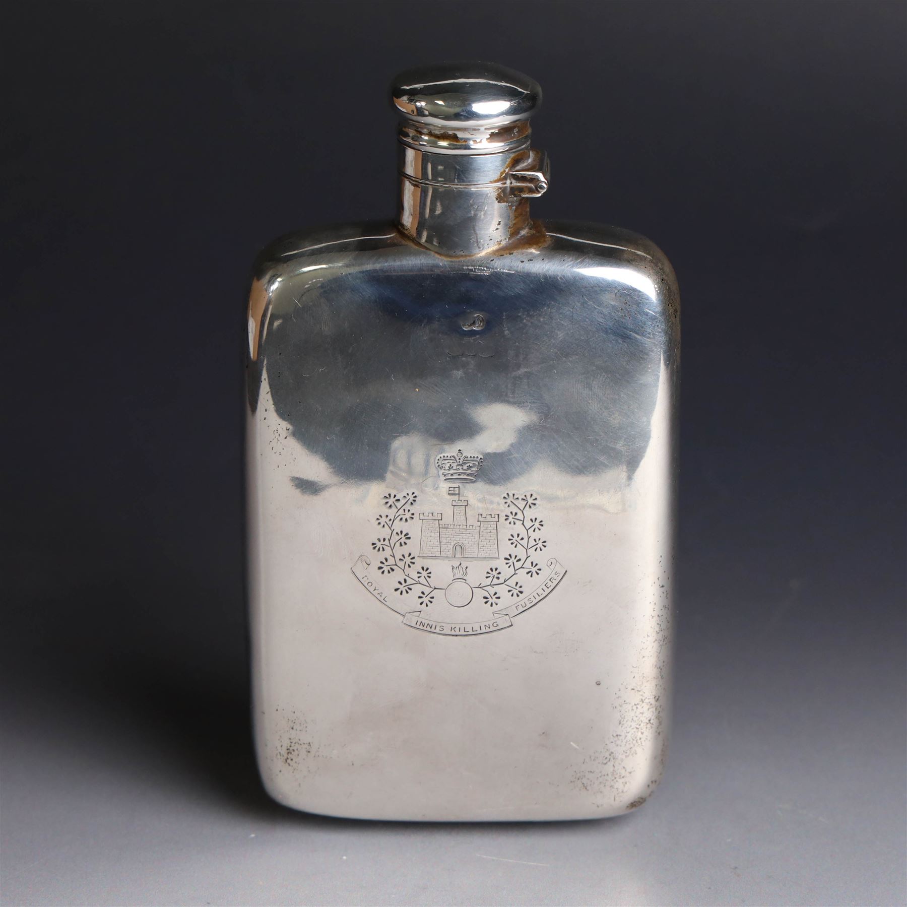 Late Victorian silver hip flask, of typical rectangular form, engraved with Royal Inniskilling Fusiliers crest to front, hallmarked Birmingham 1893, maker's mark worn and indistinct, H14cm