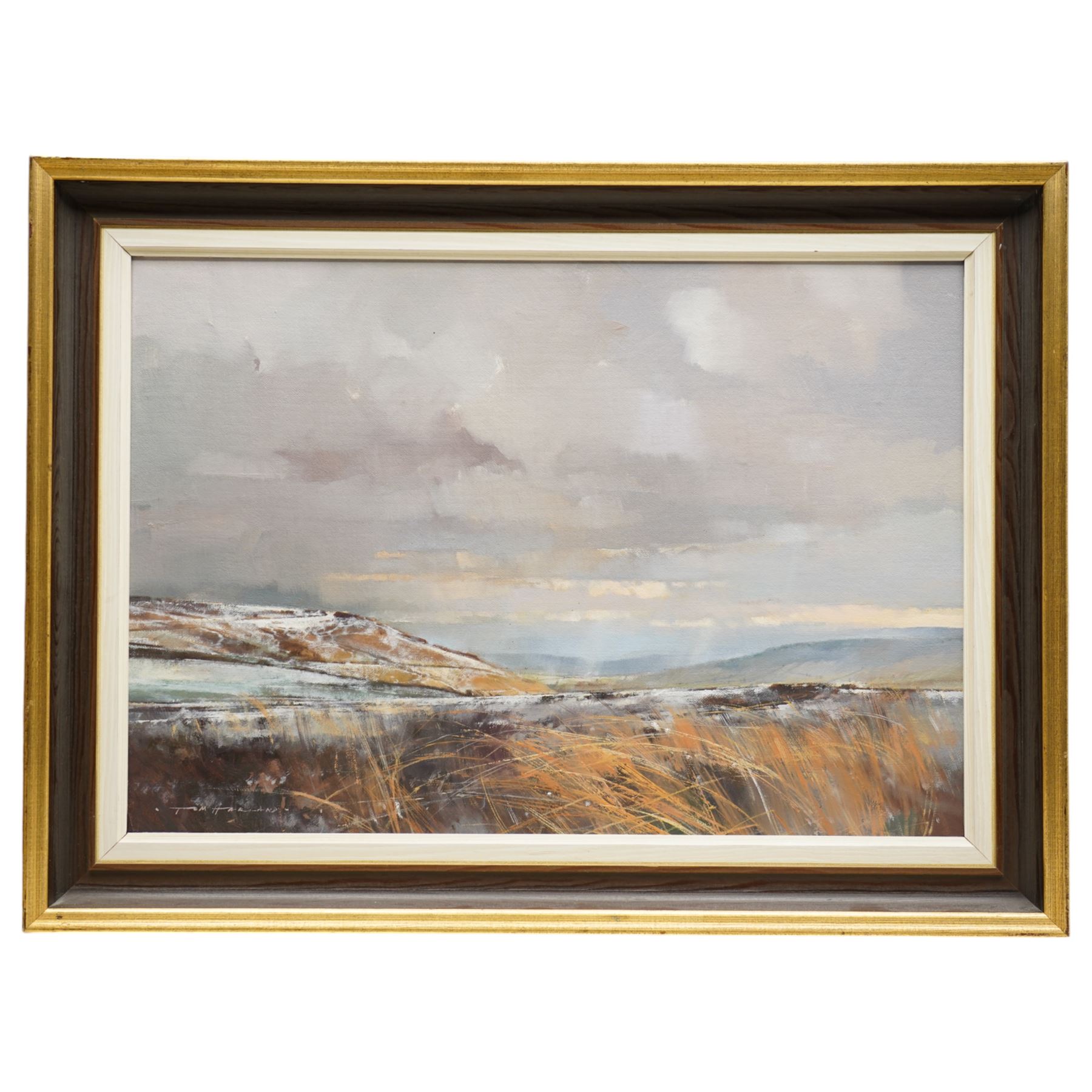 Tom Harland (Yorkshire 1945-2012): 'Early Snow Above Farndale', oil on board signed, titled verso 32cm x 46cm
Provenance: with Ladygate Gallery, Beverley