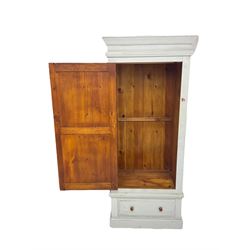 Painted pine single wardrobe, projecting cornice over panelled door, fitted with single drawer to base