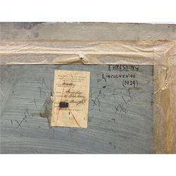 James Arundel (British 1875-1960): 'Threshing - Lincolnshire', oil on panel signed, titled and dated 1939 verso 59cm x 69cm
Provenance: exh. Wakefield City Art Gallery 'Seventeenth West Riding Artists Exhibition', labelled verso with artist's Bradford address