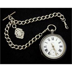 Early 20th century silver fusee lever pocket watch by E.Wise, Manchester, white enamel dial with Roman numerals, case by William Ehrhardt Ltd, Birmingham 1915, on silver Albert chain, each link hallmarked