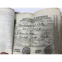 WWI pair of medals comprising British War Medal and Victory Medal awarded to 32682 Pte. W. Meadows W. Rid. R. in issue box; WWI pair of medals comprising 1914-15 Star and Victory Medal awarded to 3720 Pte. (later Cpl.) E. Petty W. York. R. with issue letter from Tank Corps; WWII group of five medals comprising 1939-45 War Medal, Defence Medal and 1939-45, Italy and Africa Stars; all with ribbons; and book of nineteen seaman's Certificates of Discharge to cook Charles Filburn 1893 - 1901 from various British ports