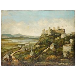 Manner of William Ellis (British 1747-1810): Harlech Castle - Gwynedd, oil on canvas indistinctly signed H M W* 46cm x 61cm (unframed)