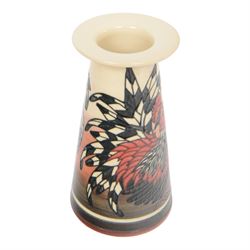 Dennis Chinaworks, Cockerels vase, by Sally Tuffin, signed, flared cylindrical form decorated with cockerels on a white and black ground, signed with printed marks beneath, H17cm