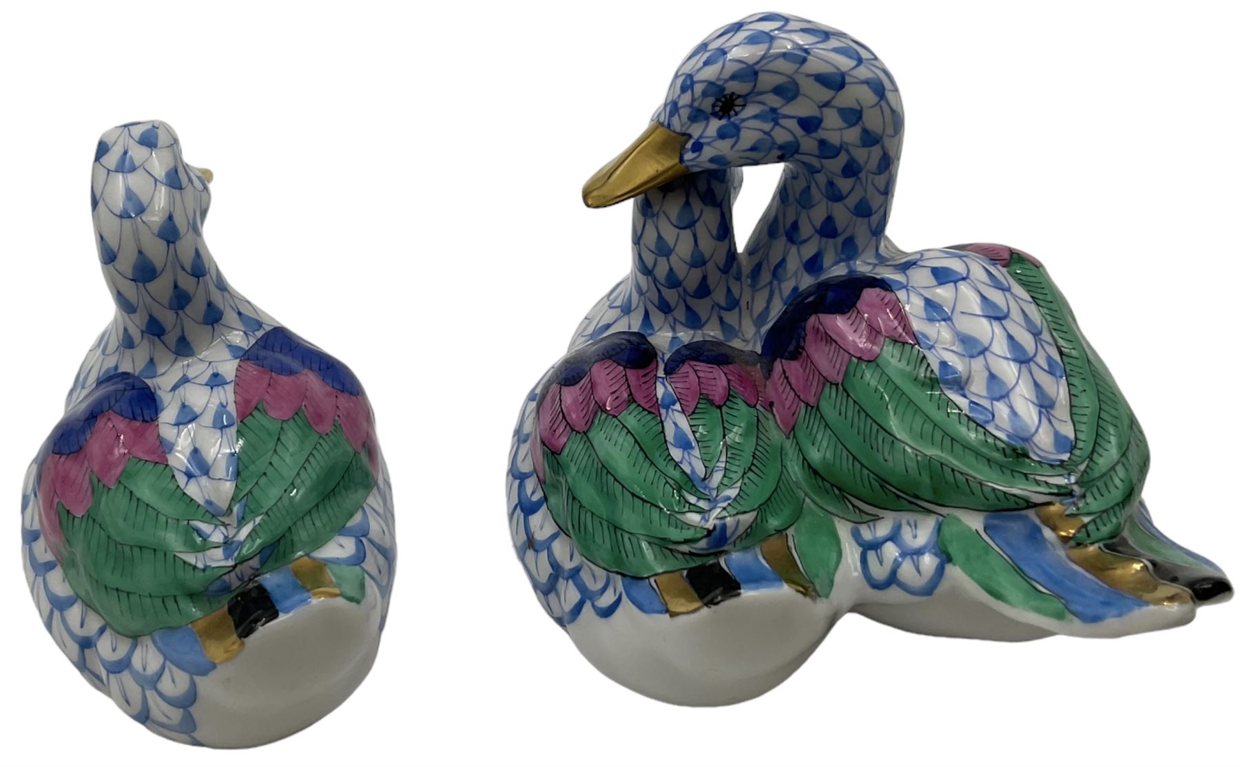 Two Herend fishnet blue figures, comprising duck and pair of nesting ducks, H7cm