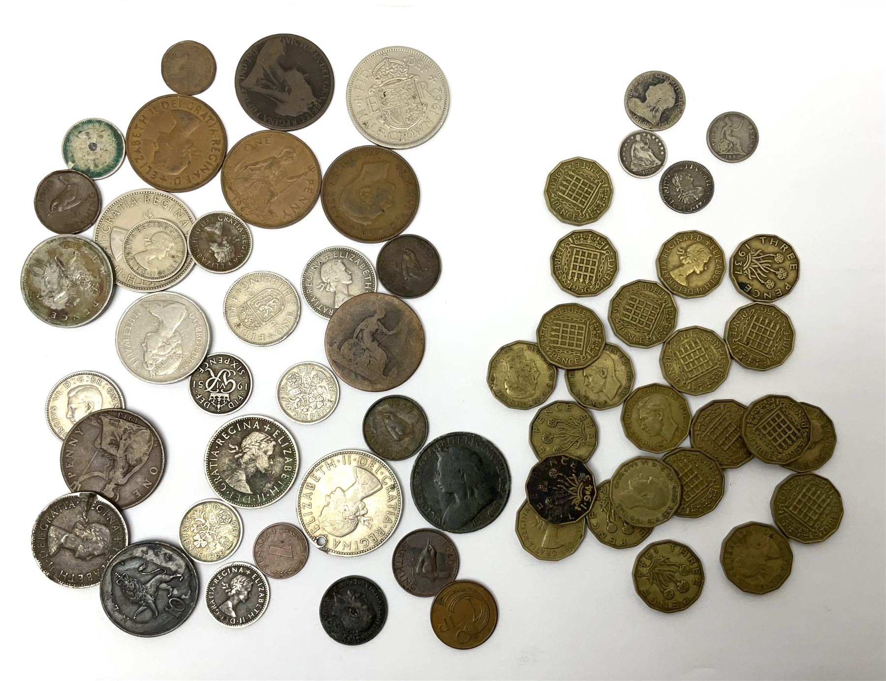 Coins including United States of America 1858 half dime, Bootle Education Committee regular attendance award to 'Florence Prince 1912', various Great British pre-decimal coins etc