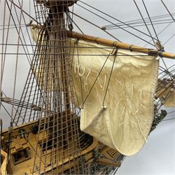 Large kit built scale model of 17th century Royal Navy warship 'HMS Sovereign of the Seas', upon wooden stand with engraved name plaque, H91cm, W111cm