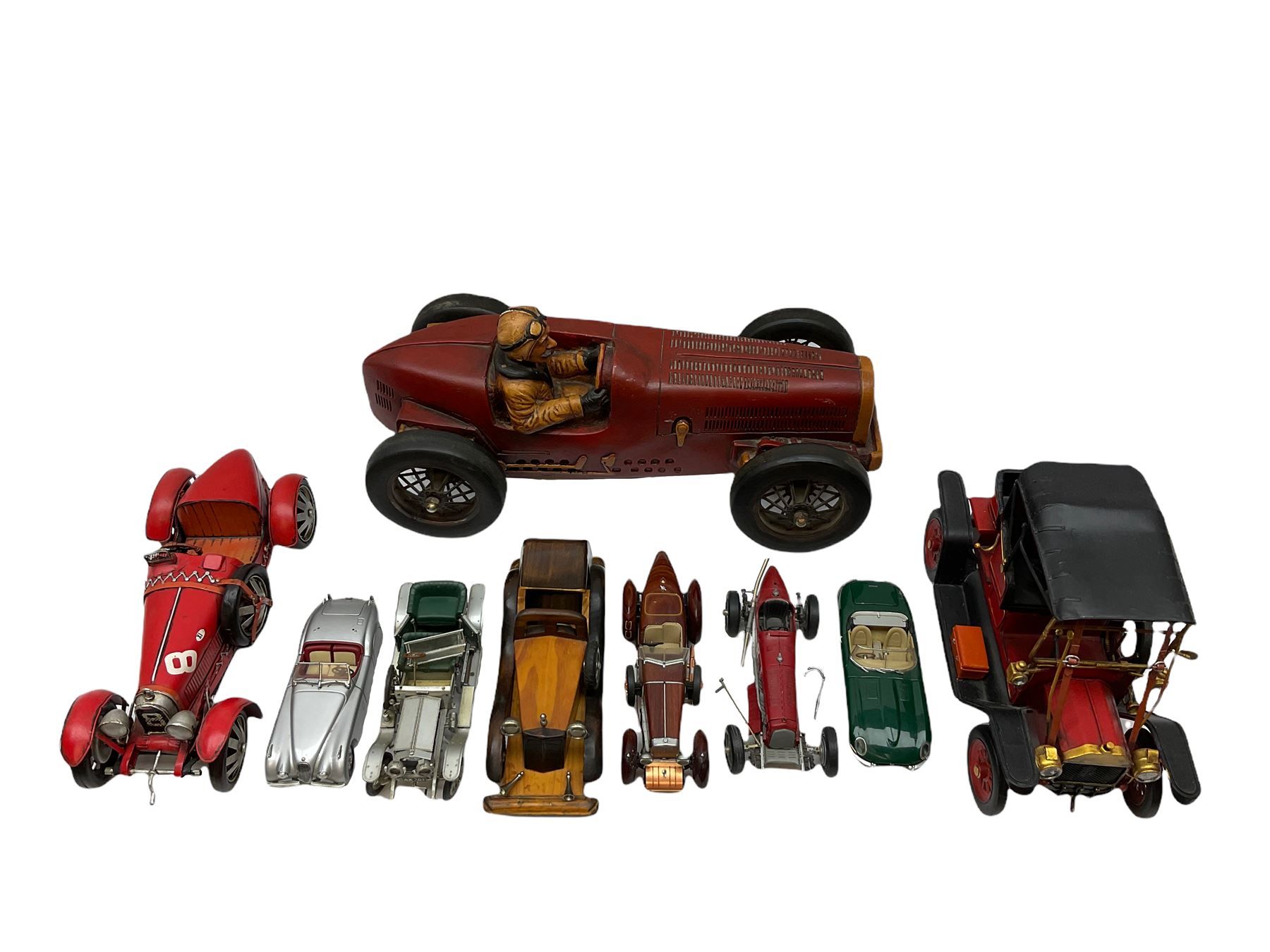 Four Franklin Mint Precision Models, one with hardwood body; large reproduction model of a vintage racing car L52cm; and four other modern metal/wooden models of vintage cars; all unboxed (9)