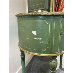 Edwardian Adam Revival green-painted and parcel gilt kidney-shaped dressing table, raised triple mirror back with shaped cresting, leather inset top within a trailing floral painted band and foliate carved edge, fitted with five drawers decorated with urn and floral bouquets, on turned supports painted with acanthus leaves and draped festoons; together with matching stool with cane seat 