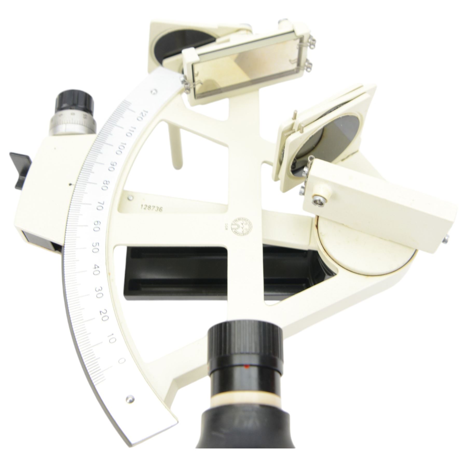 Freiberger Prazisionsmechanik yacht sextant, serial no.128736, with painted white framework, contained within fitted wooden case with instruction manual and service certificate dated 1982