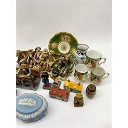 Pair of early 20th century Japanese hexagonal incense pots with reticulated panels and blue and white painted decoration, H9.5cm, a similar pot, three pieces of Runneford pottery, Sevres style porcelain box and cover, pair of Continental Lace pattern vases, Wedgwood jasperware and other ceramics