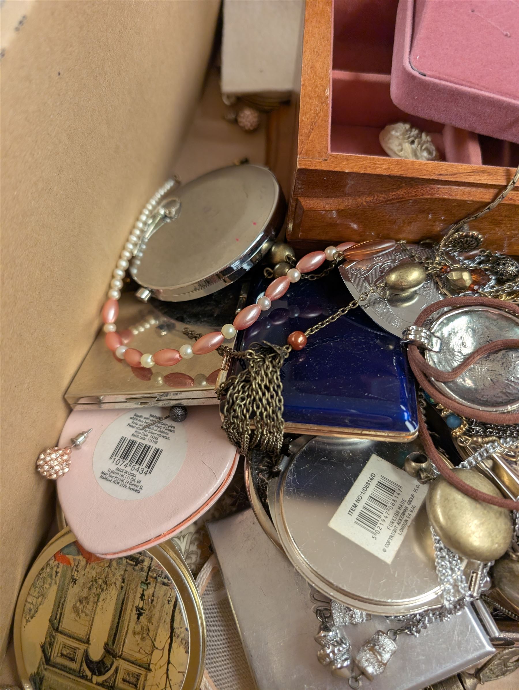 Silver earrings, including three boxed pairs, costume jewellery, compact mirrors and three jewellery boxes