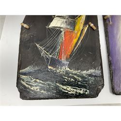 Michael J Whitehand (British 1941-): Three oil paintings of ships on slate signed, largest H40cm, L75cm