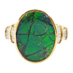 9ct gold ammolite ring, with tapered baguette cut diamond shoulders, hallmarked