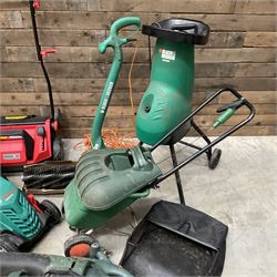 A Bosch Rotak 34R lawn mower, a Bergman Pro 3in1 Scarficer, Rake & Sweeper, a Black &Decker GS1800 chipper, a strimmer and a blower