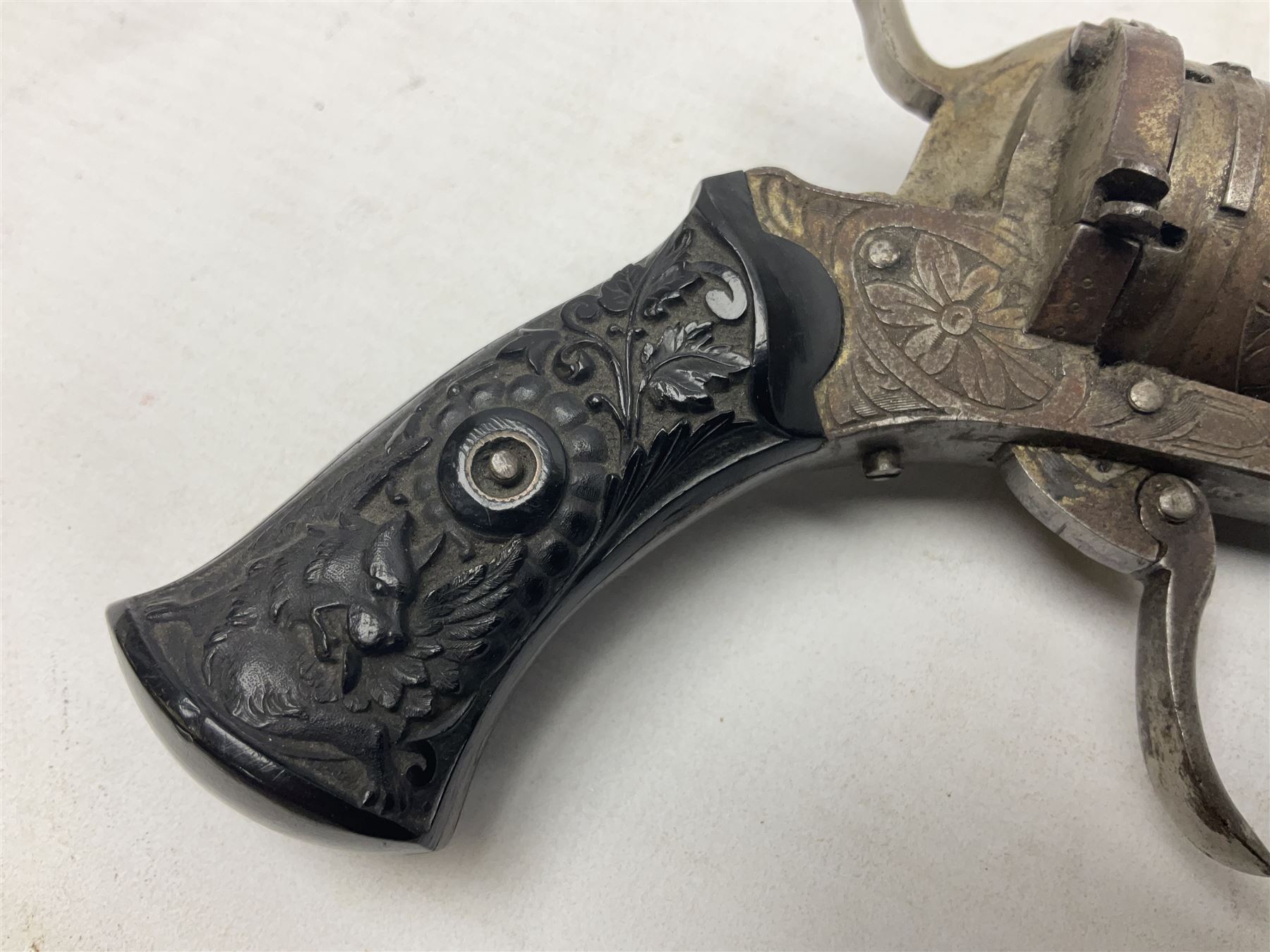 19th century Belgian 7mm pin-fire six-shot revolver with engraved action, folding trigger and ornate grips, ELG proof marks, No.4562 L20cm