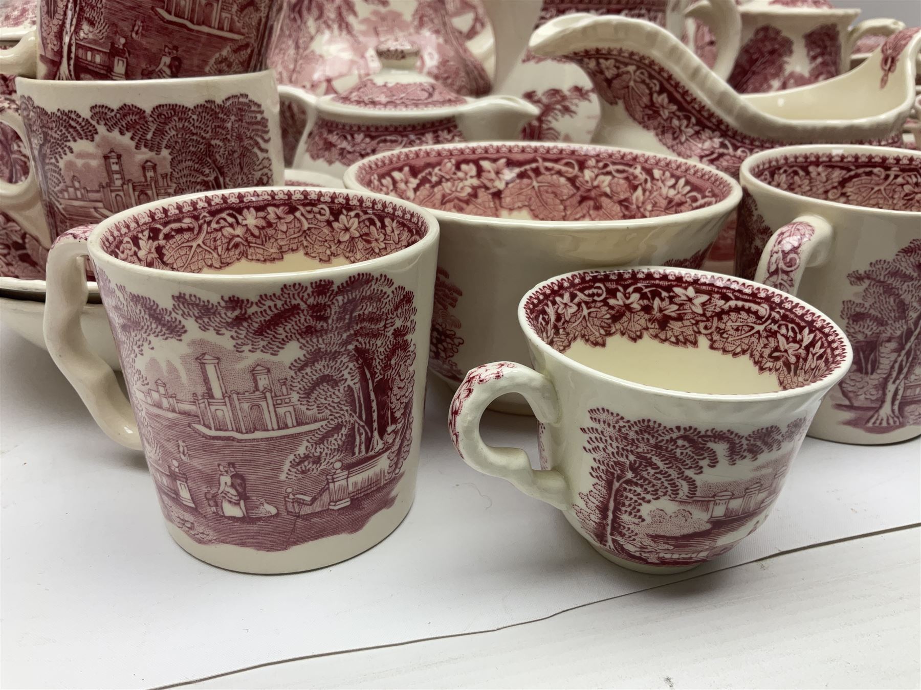 Masons Vista pattern ceramics, including coffee pot, sauce boat, twin handled jar and cover, teapots, mugs, etc 