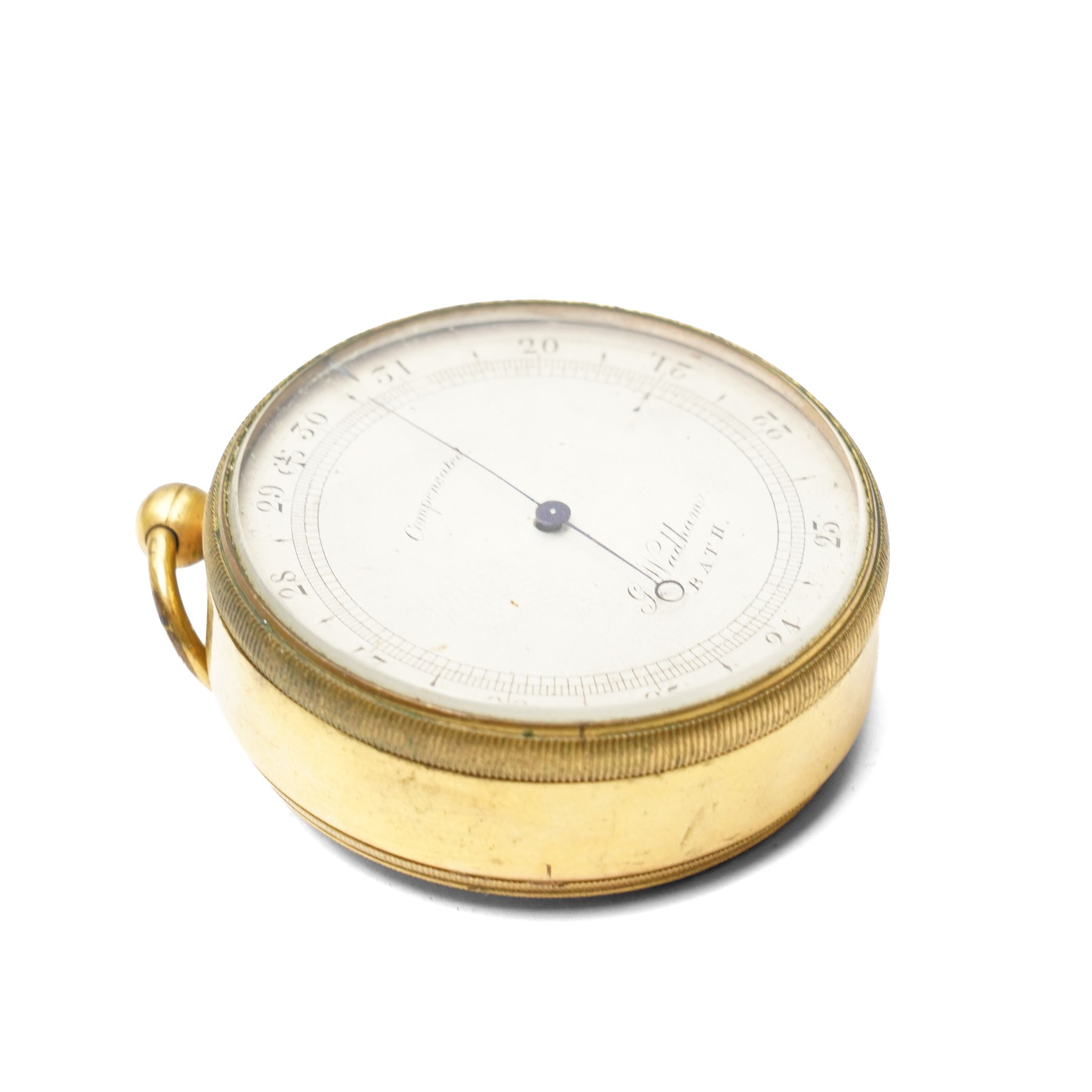 Late 19th century compensated pocket barometer by J. Wadham, Bath, brass cased with silvered dial
