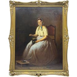 Anton Hölperl (Czech/Austrian 1820-1888): Girls Spinning, Embroidering and Grinding Coffee in Traditional Gowns, set three oils on canvas signed and dated 1863, 57cm x 43cm (3)