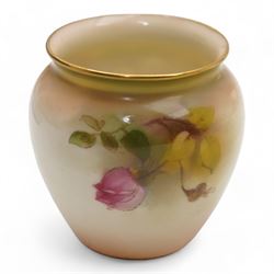 Early 20th century Royal Worcester twin handled dish, painted with roses and buds, within a green and gilt moulded border, signed by J. Lander, L31cm, together with a Royal Worcester vase hand painted with roses, no. 2491, unsigned (2)