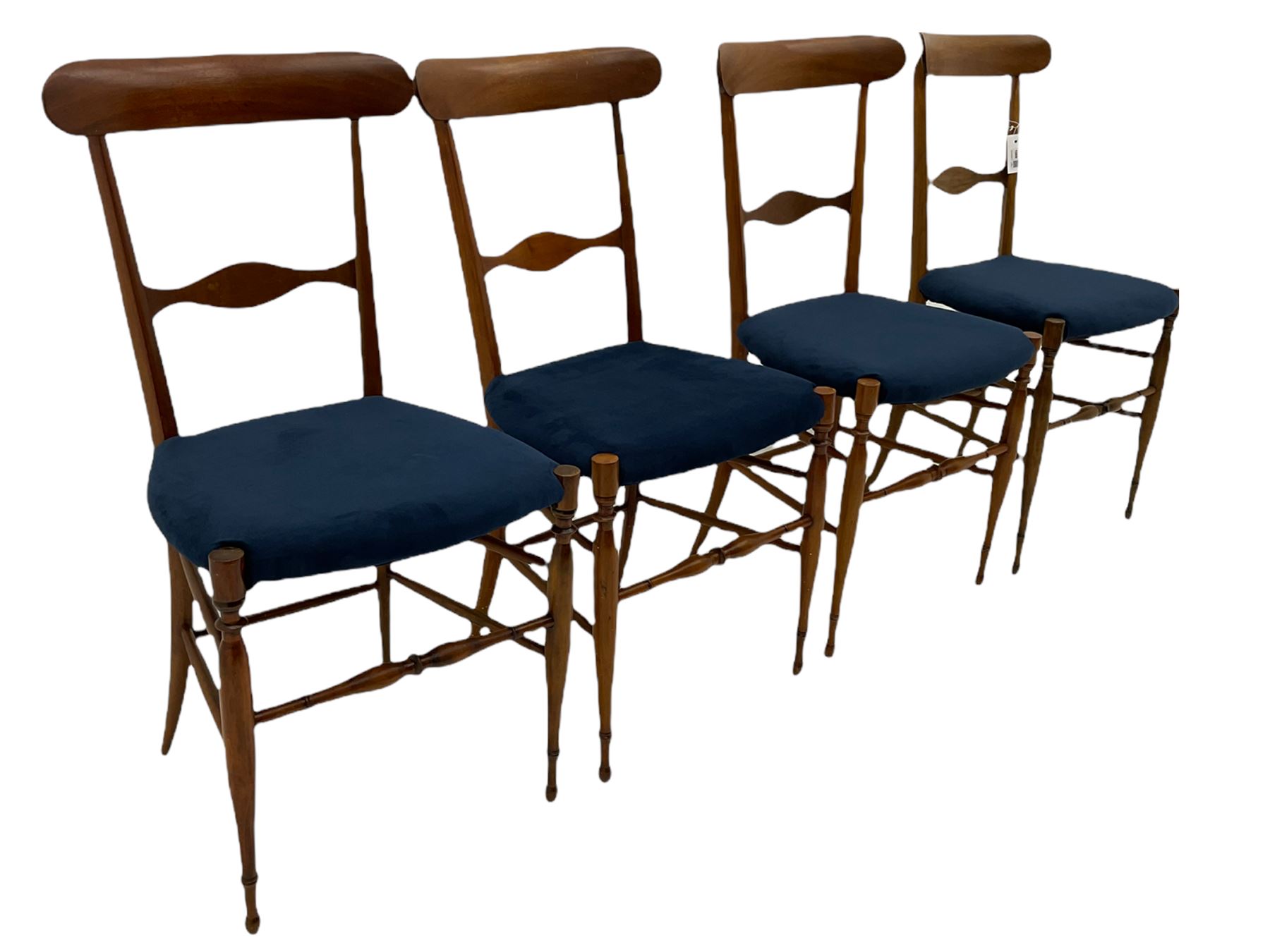 Campanino Chiavari by Fratelli Levaggi - circa. 1950s set eight walnut dining chairs, seats upholstered in blue fabric, 