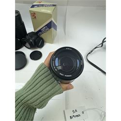 Group of camera lenses, comprising Yashica AF 70-210mm 1:4.5 58mm lens serial no. F6106983, boxed, Yashica AF 35-70mm 1:3.3-4.5 52mm Macro lens serial no. F60231147, Yashikor Aux Wide Angle 1:4 lens and a Yashikor Aux Tele-Photo 1:4 lens, Mamiya-Sekor E 1:2.8 f=28mm serial no. 13427 and a Mamiya-Sekor Zoom E 1:4 f=80-200mm lens serial no. 11271