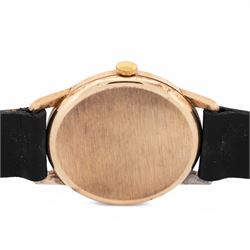 Summit gentleman's 9ct gold manual wind wristwatch, silvered dial with baton hour markers and date aperture, London 1974, on black leather strap