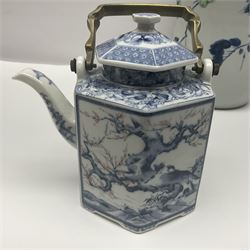 Chinese vase, decorated with vines and grapes and signed beneath, together with Chinese tea set of hexagonal form, comprising teapot and stand and six cups, vase H30cm