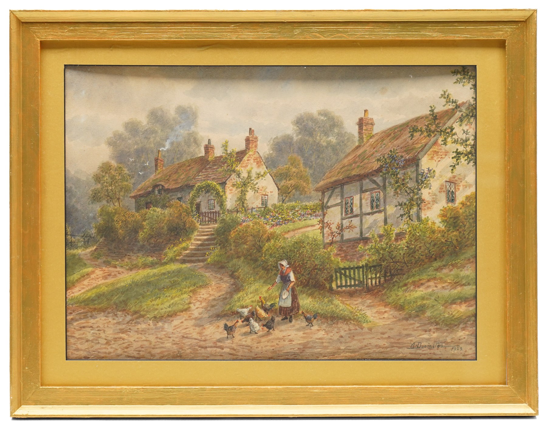 Albert Dunnington (British 1860-1928): Countryside Views and Angler by a Bridge, four watercolours signed and three dated 1915-23, three in matching frames max 25cm x 35cm (4)