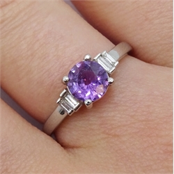 18ct white gold fancy purple sapphire ring, with baguette diamond shoulders, hallmarked