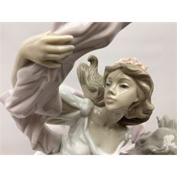 Large Lladro figure, Allegory of Liberty, modelled as two ladies dancing on a mahogany base, with original box, no 5819, year issued 1991, H63cm 