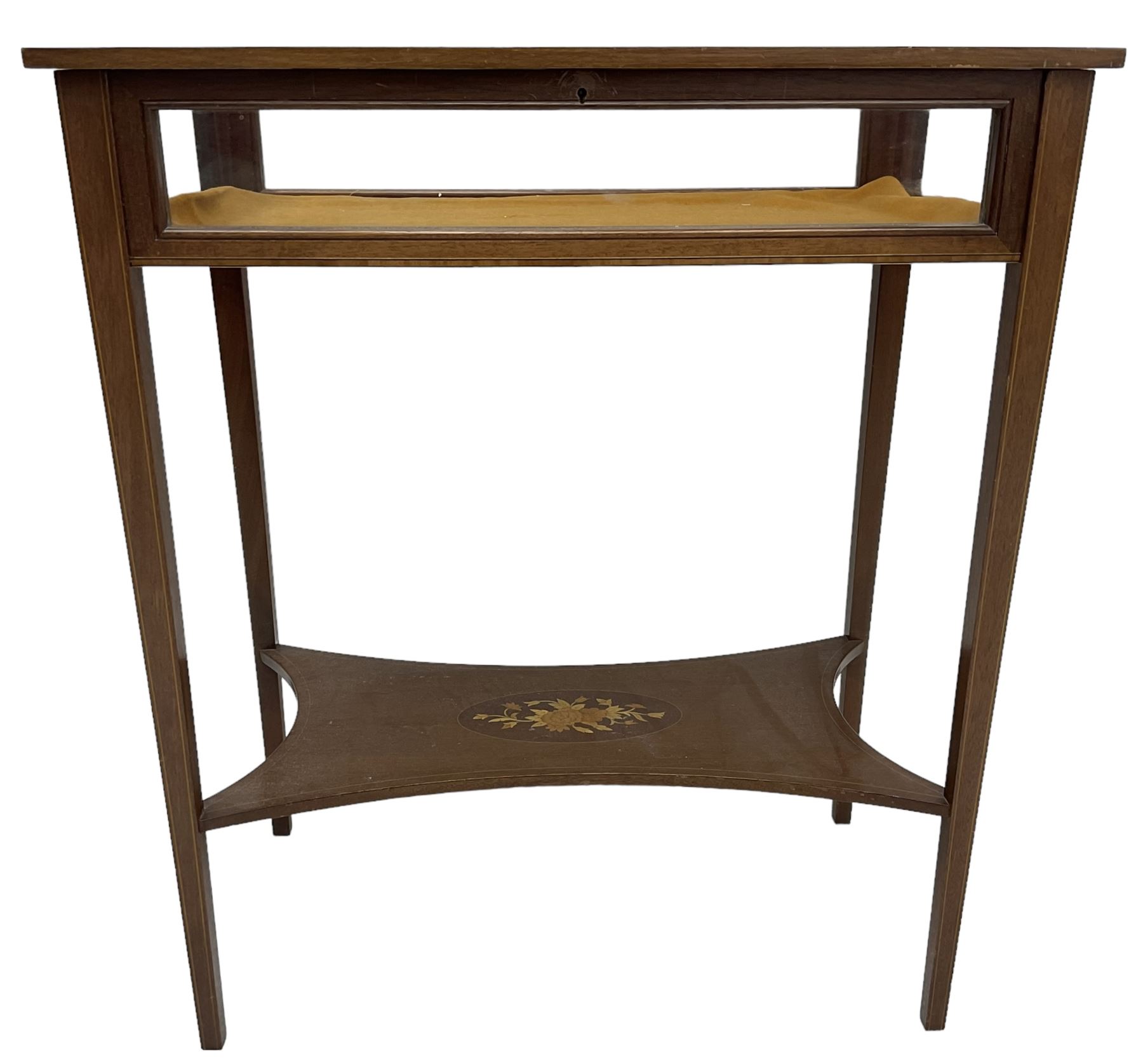 Edwardian Revival inlaid mahogany bijouterie display table, hinged bevel glazed lid within mahogany frame with satinwood band, on square tapering supports united by undertier inlaid with flowers 