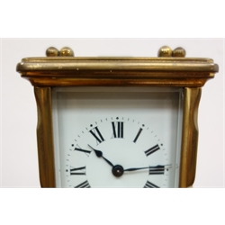  20th century brass Carriage timepiece, white Roman dial with blued steel hands, H15cm max, with key   