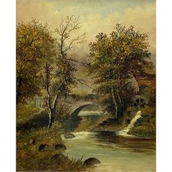 Alfred Montague (British 1832-1883): Landscape with River Crossing and Mill, oil on canvas signed 60cm x 50cm