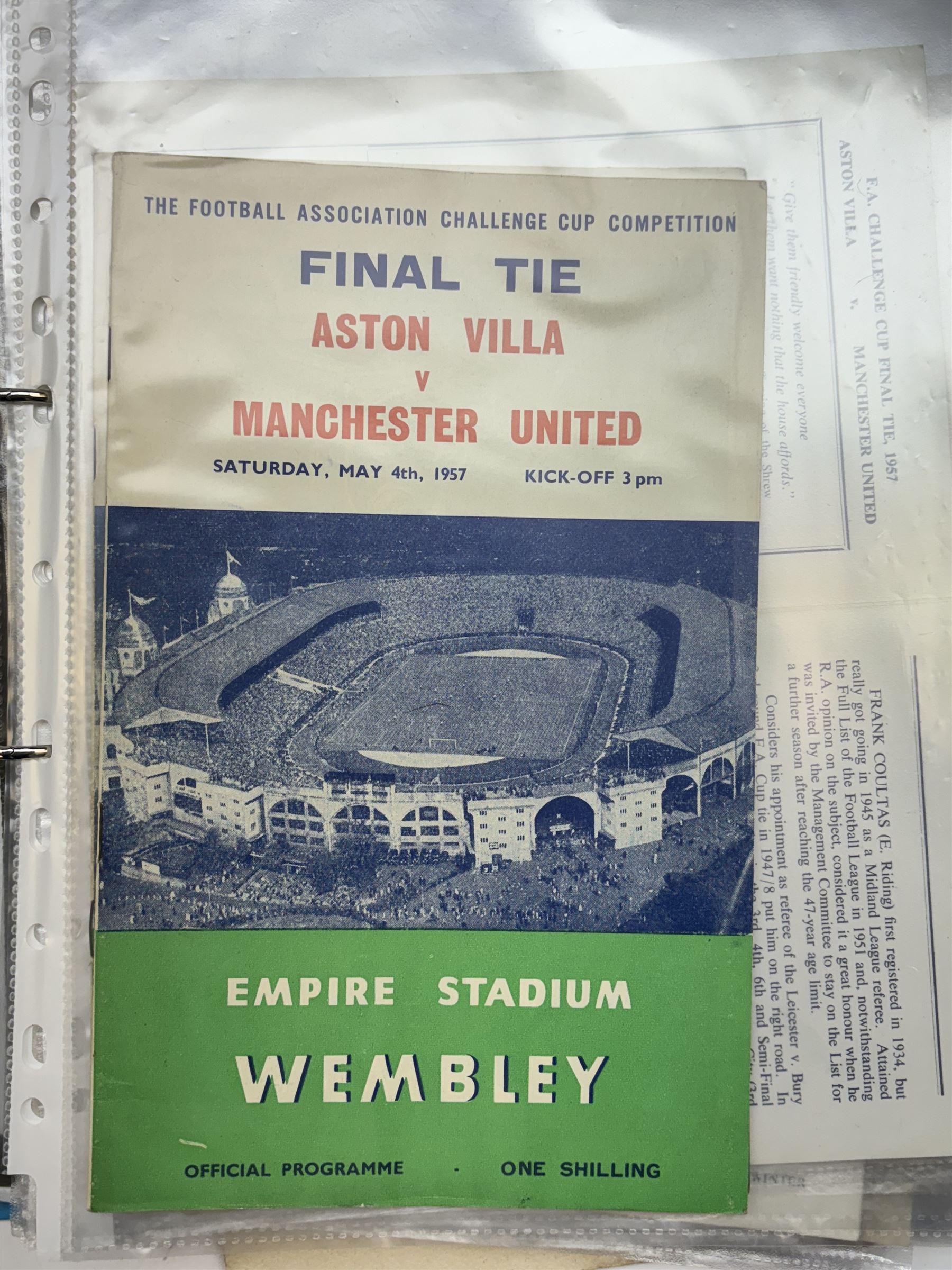Collection of football memorabilia belonging and relating to the Hull based referee Frank Coultas, including 9ct gold Referee's medal for the 1957 Aston Villa v Manchester United FA Cup Final, inscribed 'The Football Association, F.B Coultas, F.A. Challenge Cup Competition, Final Tie 1957', hallmarked and in original case; the kit worn by him to referee the 1957 FA Cup Final and ephemera relating to the match including photographs, programmes and tickets; together with other football memorabilia collected by Frank Coultas, including programmes, photograph and ticket stubs, with some items relating to the 'Busby Babes'