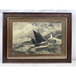J Robinson (Late 19th century): The Douglas Isle of Man Lifeboat 'Civil Service No.6' rounding the Lighthouse, charcoal/pencil signed 44cm x 68cm