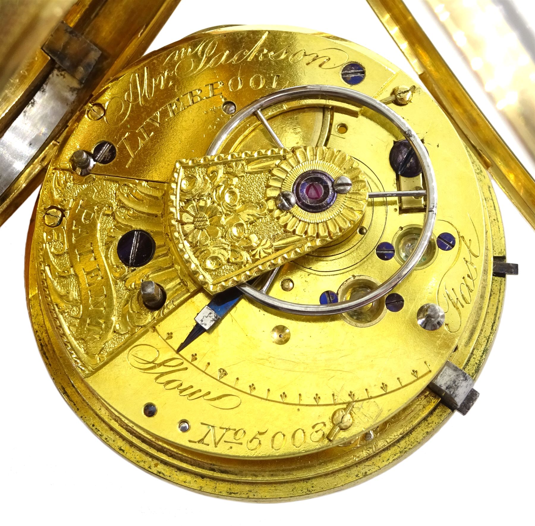 George IV 18ct gold lever fusee pocket watch by Abraham Jackson, Liverpool, No. 5003, gilt dial with Roman numerals and subsidiary seconds dial,  later Victorian engine turned case with cartouche by Henry Stuart, Chester 1860