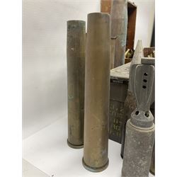 Large collection of shell and bullet casings, including a trench art example, together with a metal cartage case and wooden case
