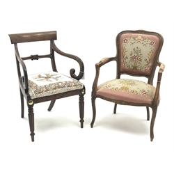  Regency mahogany elbow chair on fluted supports and a French style walnut armchair with woolwork seat and back, (2)   