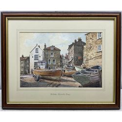 John Cecil Lund (British 1932-): Cobles at Robin Hood's Bay, watercolour signed 18cm x 27cm